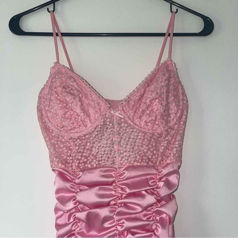 For Love & Lemons ruched corset style mini dress pink XS